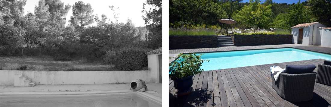 Avant-après : relooking d'un jardin avec piscine par un paysagiste à Annecy