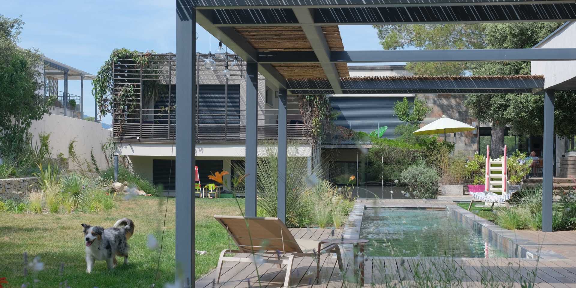 Jardin avec piscine aménagée par un architecte paysagiste à Annecy