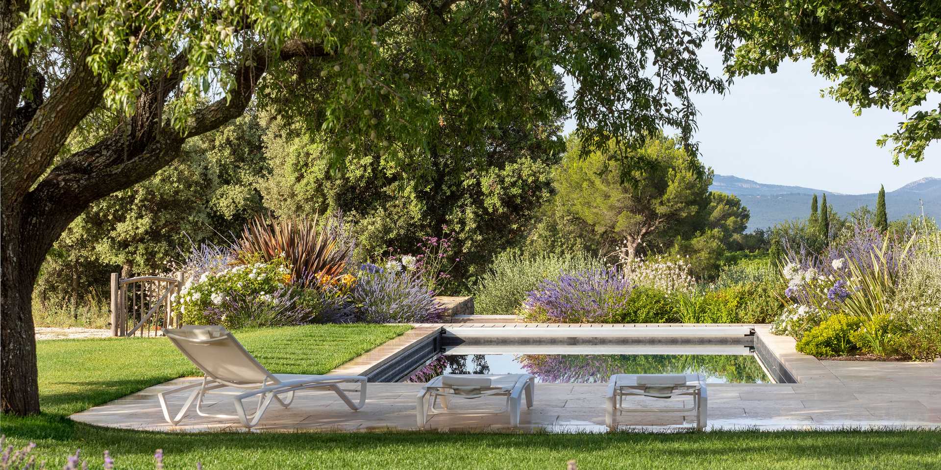 Jardin avec piscine aménagée par un architecte-paysagiste à Annecy